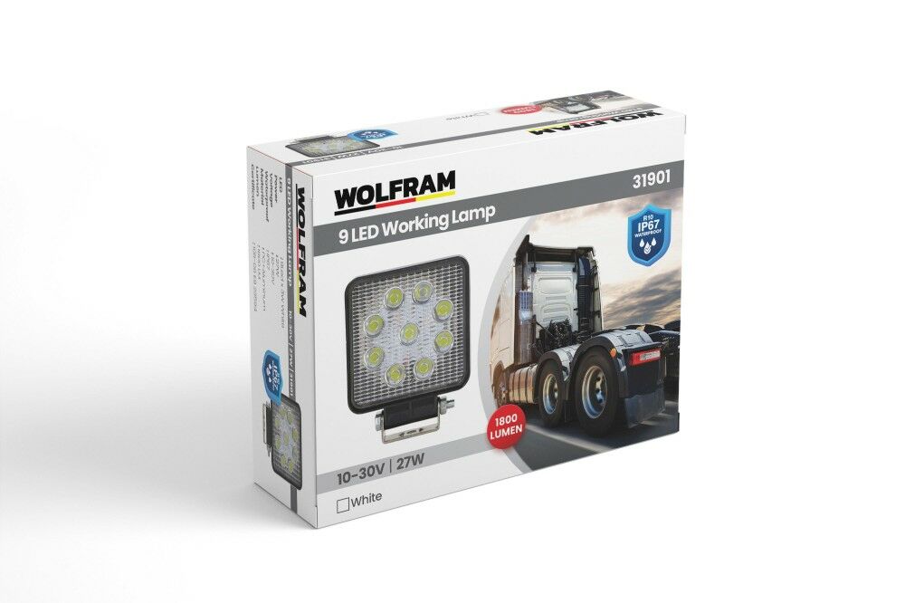 Wolfram Led Kare Çalışma Lambası 9 Led Beyaz Işık 10/30V E-Belgeli 27W