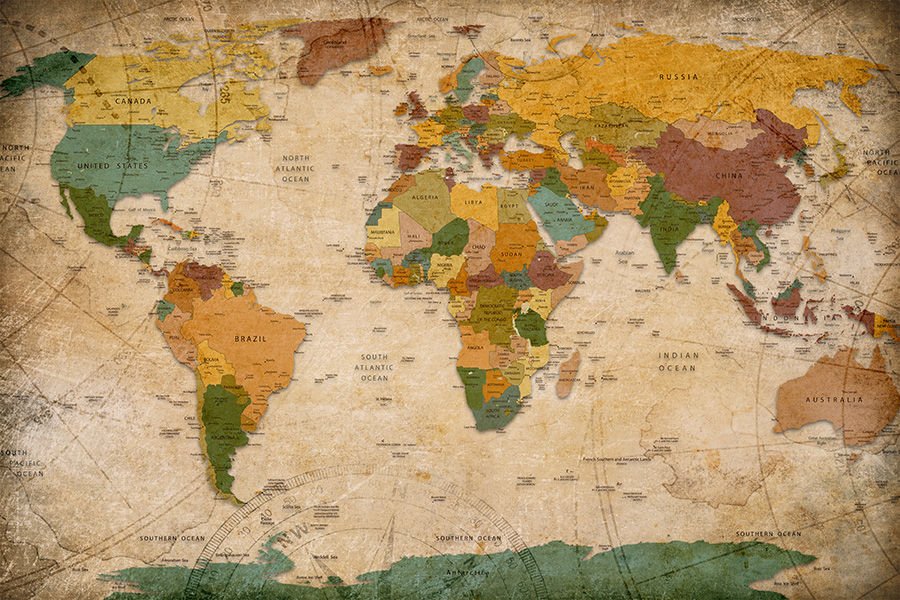 Vintage Dünya Haritası Oteller ve Okullar İçin Retro Duvar Kağıdı