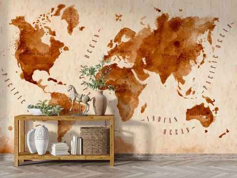 Dekoratif Sulu Boya Çizimi Dünya Haritası Kıtalar ve Denizler Duvar Kağıdı
