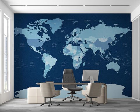 Koyu Mavi Soğuk Renklerde Dünya Haritası Duvar Kağıdı
