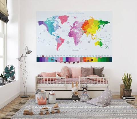 Renkli Dünya Haritası ve Ülkelerin Zaman Dilimleri Oteller İçin Duvar Kağıdı