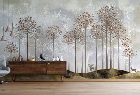Soyut Doğa Manzarası Geyikler ve Sonbahar Ağaçları Salon Oturma Odası Duvar Kağıdı