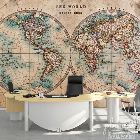 Vintage Dünya Haritası Poster Duvar Kağıdı | Non-Woven | En:157xBoy:105 cm.