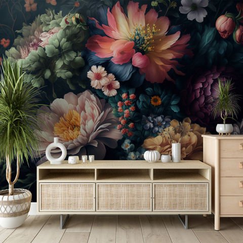 Büyük Renkli Çiçekler Duvar Kağıdı | Non-Woven | En:420xBoy:285 cm.