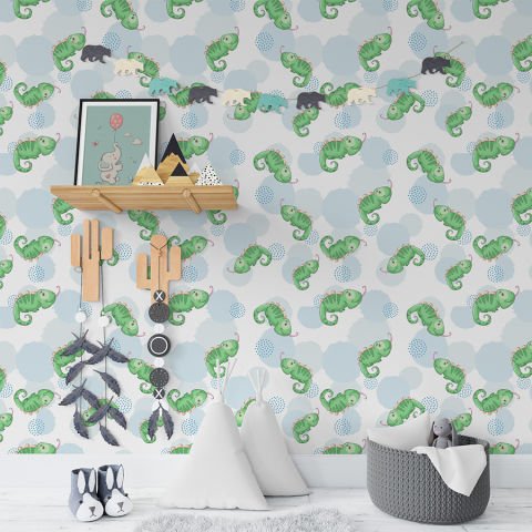 Yeşil Bukalemun Desenli Çocuk Odası Duvar Kağıdı