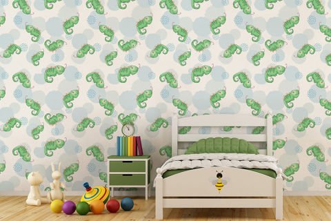 Yeşil Bukalemun Desenli Çocuk Odası Duvar Kağıdı
