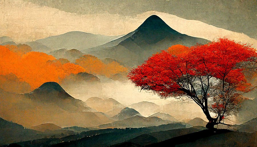 Pastel Tonlarda Soyut Kırmızı ve Sarı Sonbahar Ağaçları Dağlar ve Gökyüzü Duvar Kağıdı