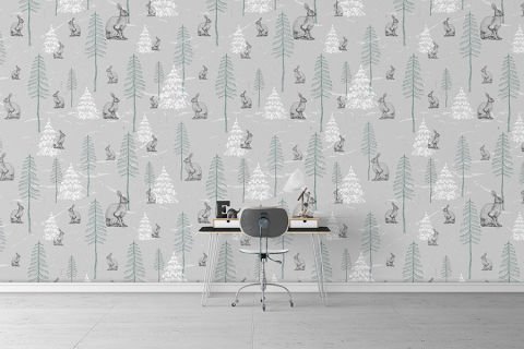 Gri Zeminli Tavşan ve Ağaçlar Yatak Odası Duvar Kağıdı