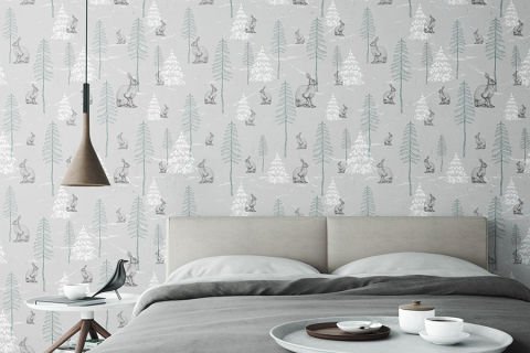 Gri Zeminli Tavşan ve Ağaçlar Yatak Odası Duvar Kağıdı