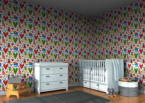 Renkli Kalpler ve Kediler Çocuk Odası Duvar Kağıdı
