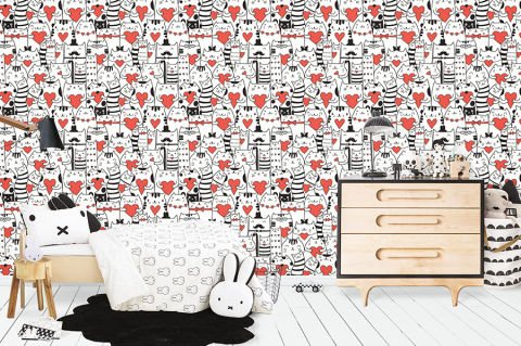 Kırmızı Kalpli Kediler Çocuk Odası Duvar Kağıdı