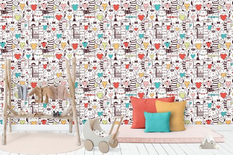 Renkli Kalpli Kediler Çocuk Odası Duvar Kağıdı