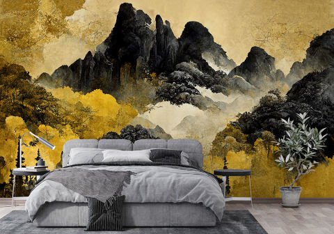 Lüks Altın Yaldız Soyut Manzara Dağlar Ağaçlar Doğa Oturma Odası Duvar Kağıdı