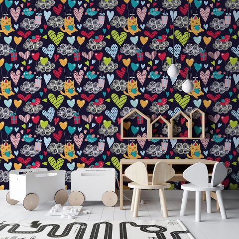 Sevimli Kediler, Kalpler ve Balonlar Çocuk Odası Duvar Kağıdı
