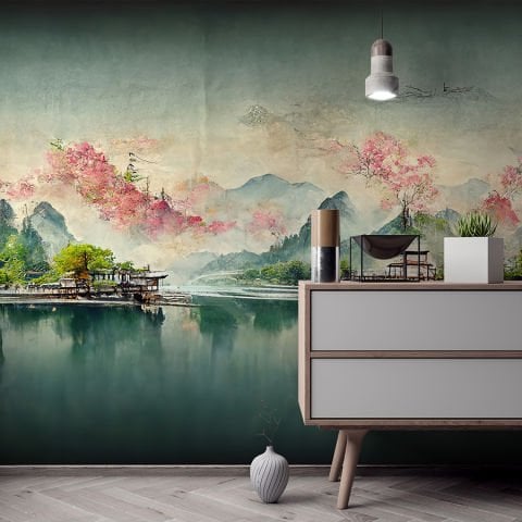 Doğal Göl Manzarası Japon Ağaçları Dağlar Duvar Kağıdı
