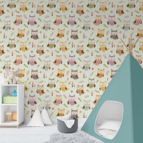 Sevimli Baykuşlar Çocuk Odası Duvar Kağıdı