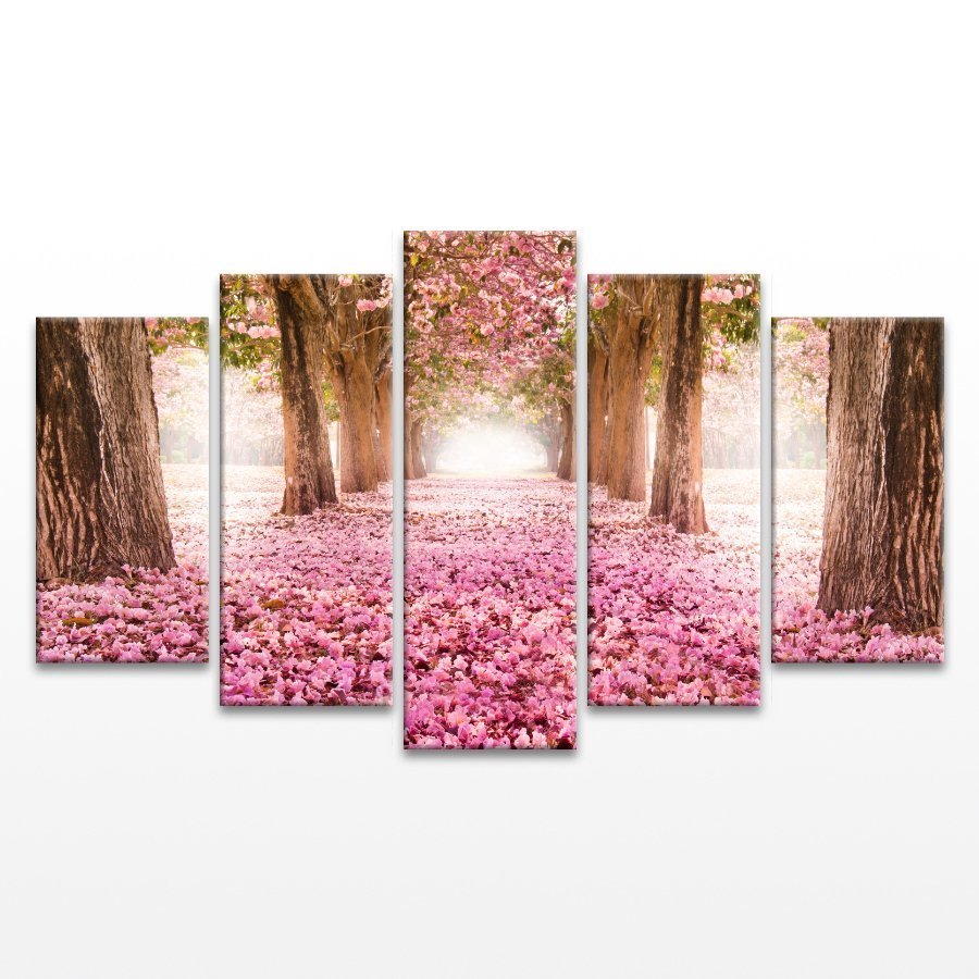 Pembe Çiçekli Orman Yolu 5 Parça Kanvas Tablo 90x175