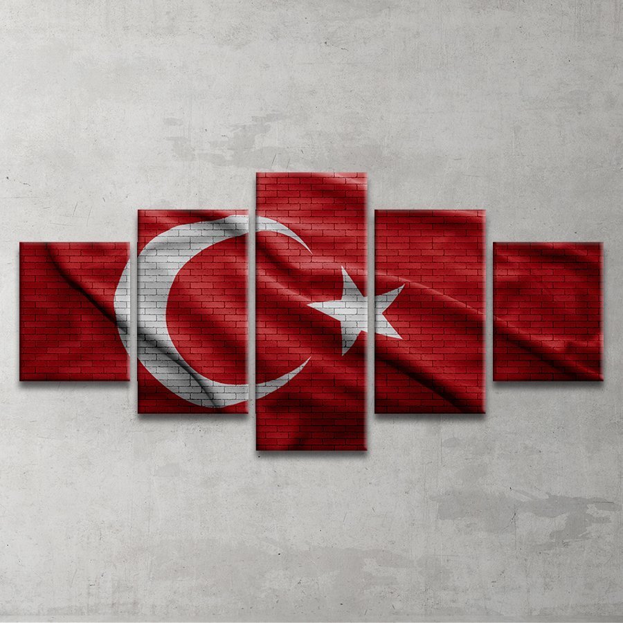 Şanlı Türk Bayrağımız 5 Parça Kanvas Tablo 75x150 Cm.