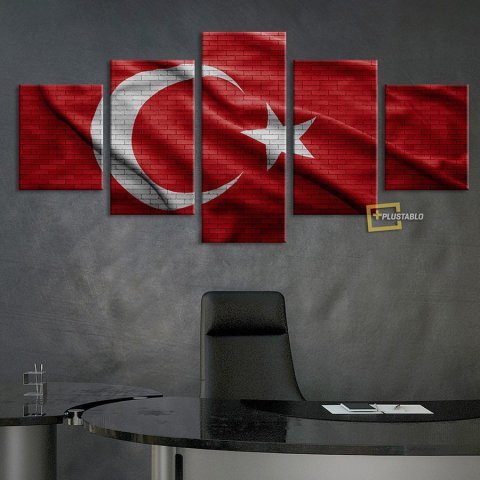 Şanlı Türk Bayrağımız 5 Parça Kanvas Tablo 75x150 Cm.