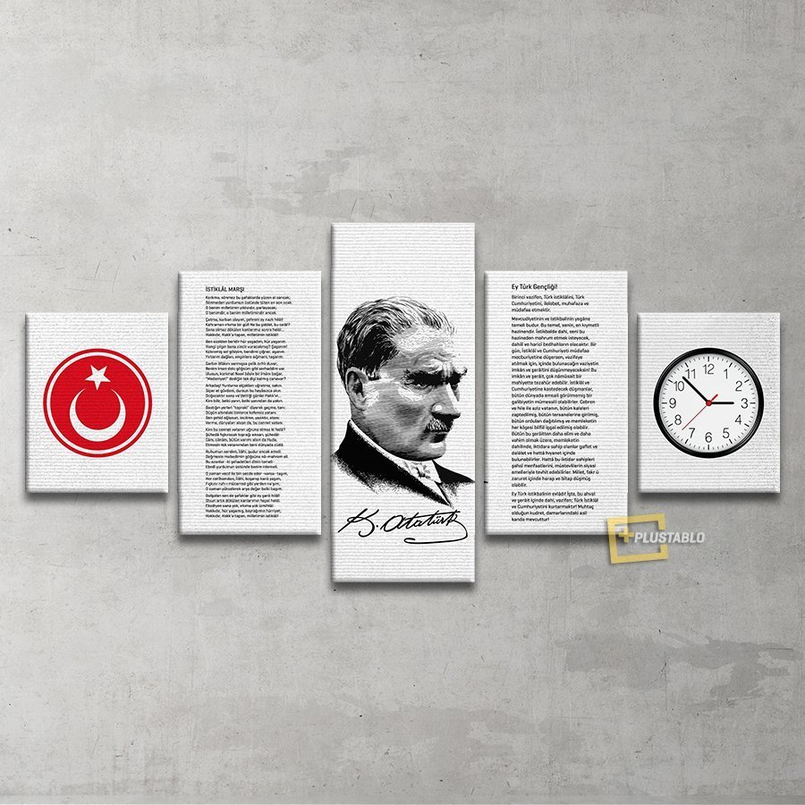 Atatürk Panosu Saatli 5 Parça Kanvas Tablo 60x100
