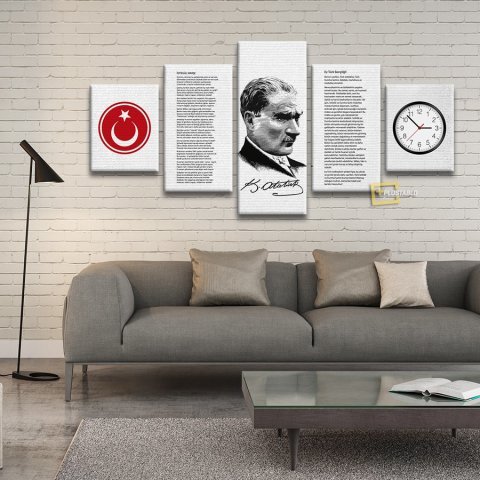 Atatürk Panosu Saatli 5 Parça Kanvas Tablo 60x100