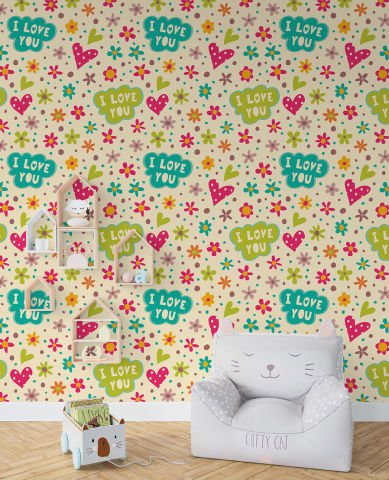 Renkli Kalpler ve Çiçekler Çocuk Odası Duvar Kağıdı