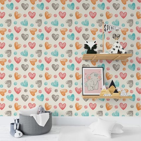 El Çizimi Renkli Kalpler Çocuk Odası Duvar Kağıdı