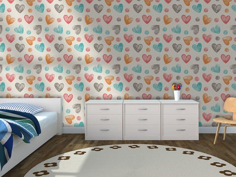 El Çizimi Renkli Kalpler Çocuk Odası Duvar Kağıdı