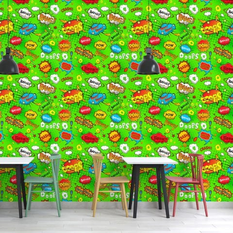 Pop Art Desenli Yeşil Çocuk Odası Cafe Duvar Kağıdı