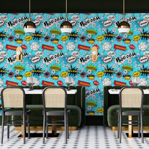 Pop Art Desenli Mavi Cafe Bar Duvar Kağıdı