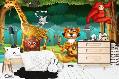 Neşeli Orman ve Hayvanlar Çocuk Odası Duvar Kağıdı