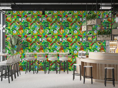 Pop Art Desenli Yeşil Cafe Bar Ofis Duvar Kağıdı