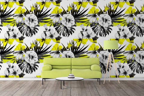 Sarı Siyah Beyaz Çiçek Desenli Duvar Kağıdı