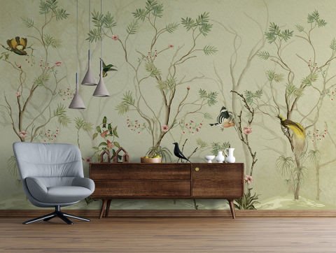 Kuşlar Çiçekler ve Ağaçlar Salon Mutfak Duvar Kağıdı