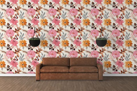 Lila Pembe Renkli Çiçekler Yatak Odası Duvar Kağıdı