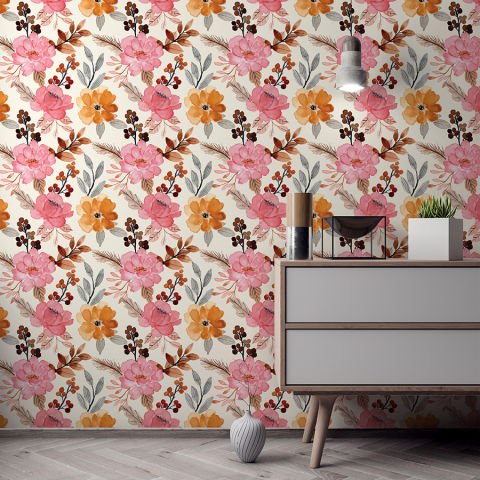 Lila Pembe Renkli Çiçekler Yatak Odası Duvar Kağıdı