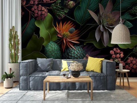 Çiçekler ve Yapraklar Modern Oturma Odası Duvar Kağıdı