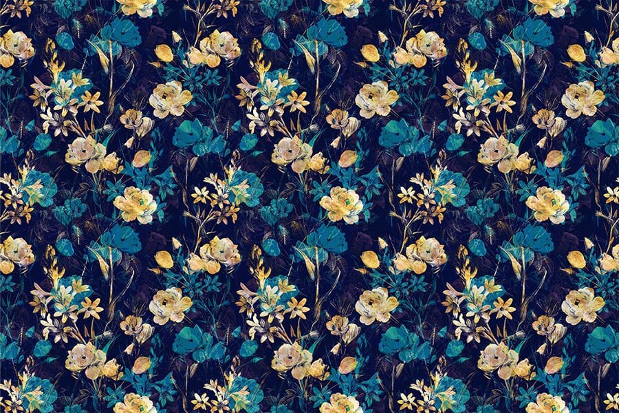 Lacivert Mavi ve Sarı Çiçekler Lüks Duvar Kağıdı