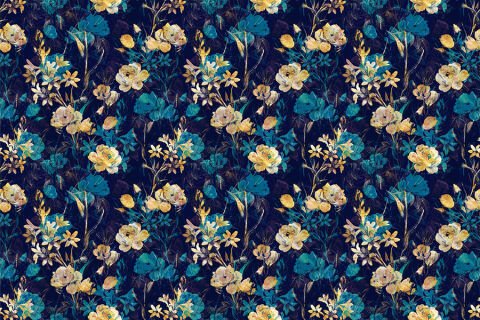 Lacivert Mavi ve Sarı Çiçekler Lüks Duvar Kağıdı