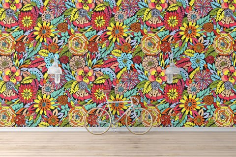 Klasik Karışık Renkli Çiçek Yatak Odası Duvar Kağıdı