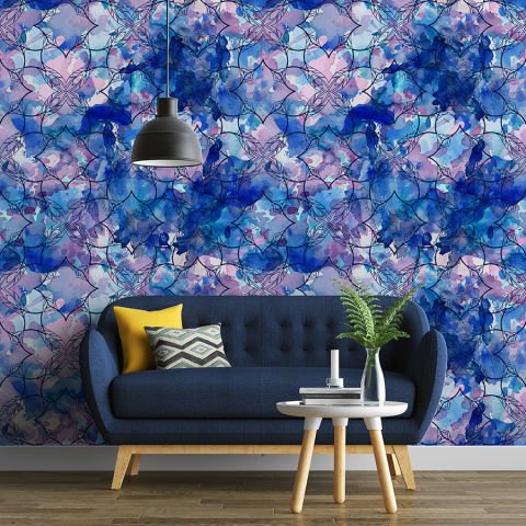 Soyut Mavi Çiçekler Salon Duvar Kağıdı