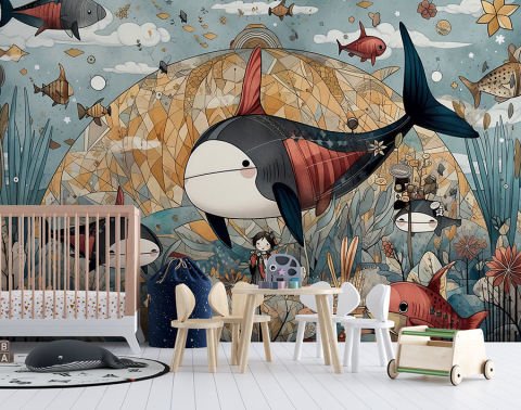 Balinalar ve Balıklar Çocuk ve Bebek Odası Duvar Kağıdı
