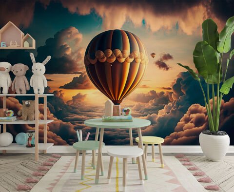 Gökyüzü Temalı Hava Balonu Çocuk Odası Duvar Kağıdı