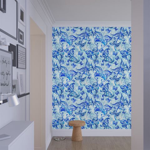 Mavi Kelebekler Soyut Tasarım Duvar Kağıdı