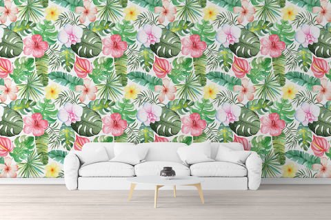 Tropikal Yaprak Çiçek Desenli Duvar Kağıdı