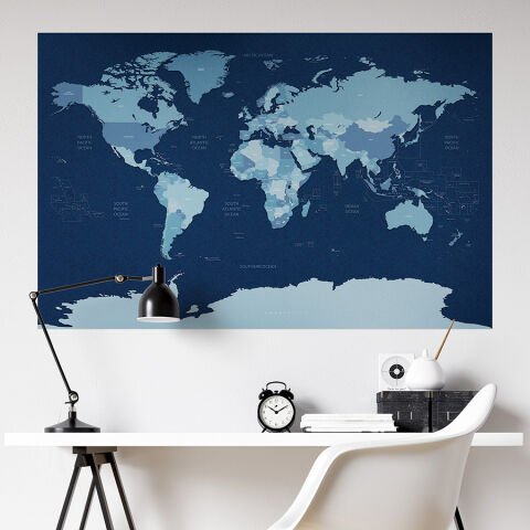 Mavi Soğuk Renk Tonlarında Dünya Haritası Duvar Stickerı