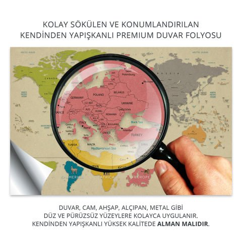 Çocuklar İçin Eğitici Öğretici Kıtalar ve Sevimli Hayvanlar Dünya Haritası Duvar Sticker