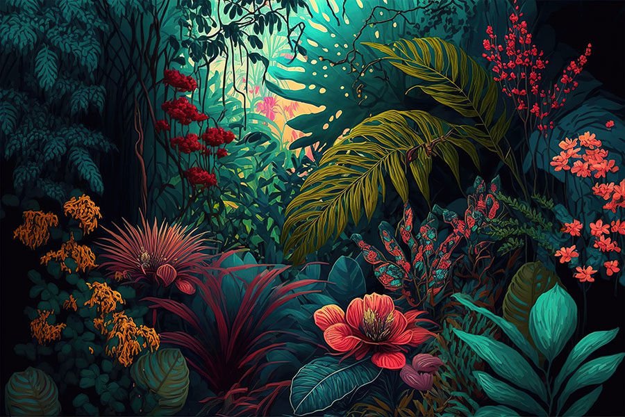 Egzotik Orman ve Renkli Yapraklar ve Çiçekler Mutfak Duvar Kağıdı