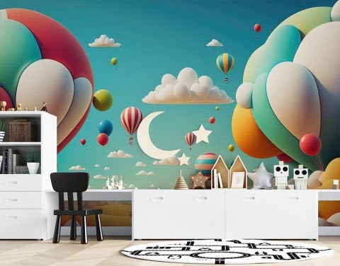 3 Boyutlu Balon Gökyüzü Bulutlar Temalı Soyut Çocuk Odası Duvar Kağıdı