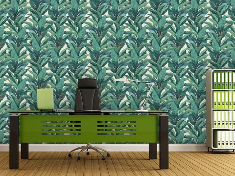 Yeşil Yaprak Desenli Salon Duvar Kağıdı